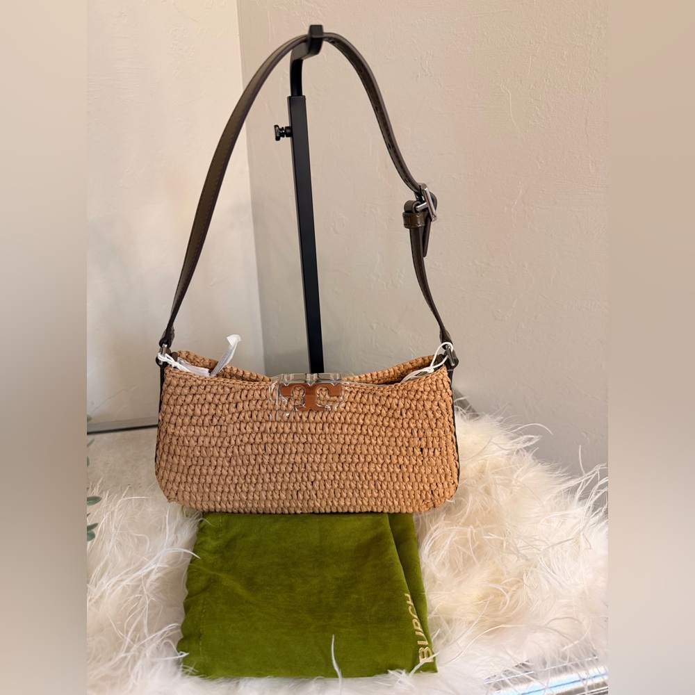Tory Burch Tan Raffia Shoulder Bag with Dark Brown Strap and Silver Logo - Picture 3 of 6